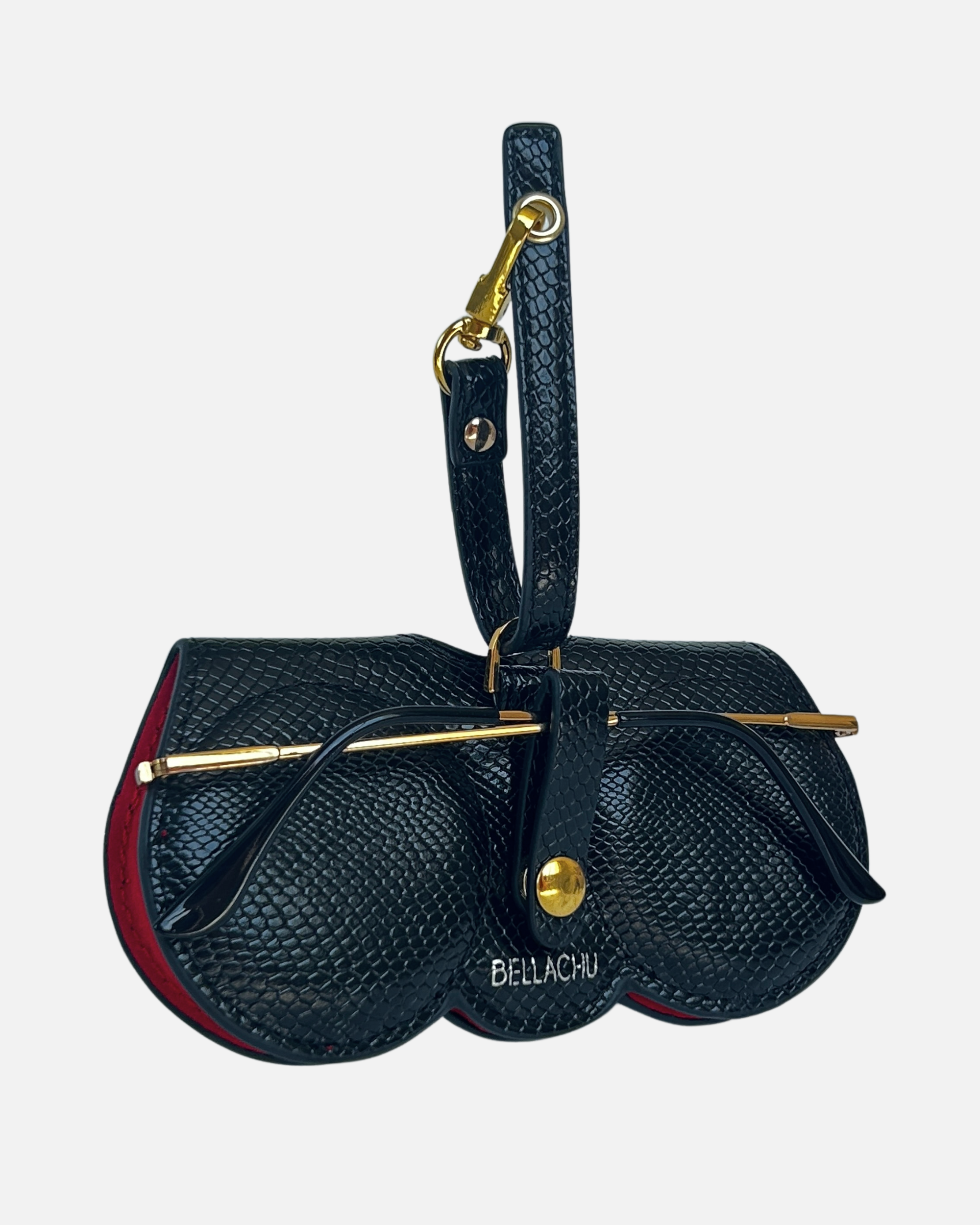 Viral clip-on glasses case on purse