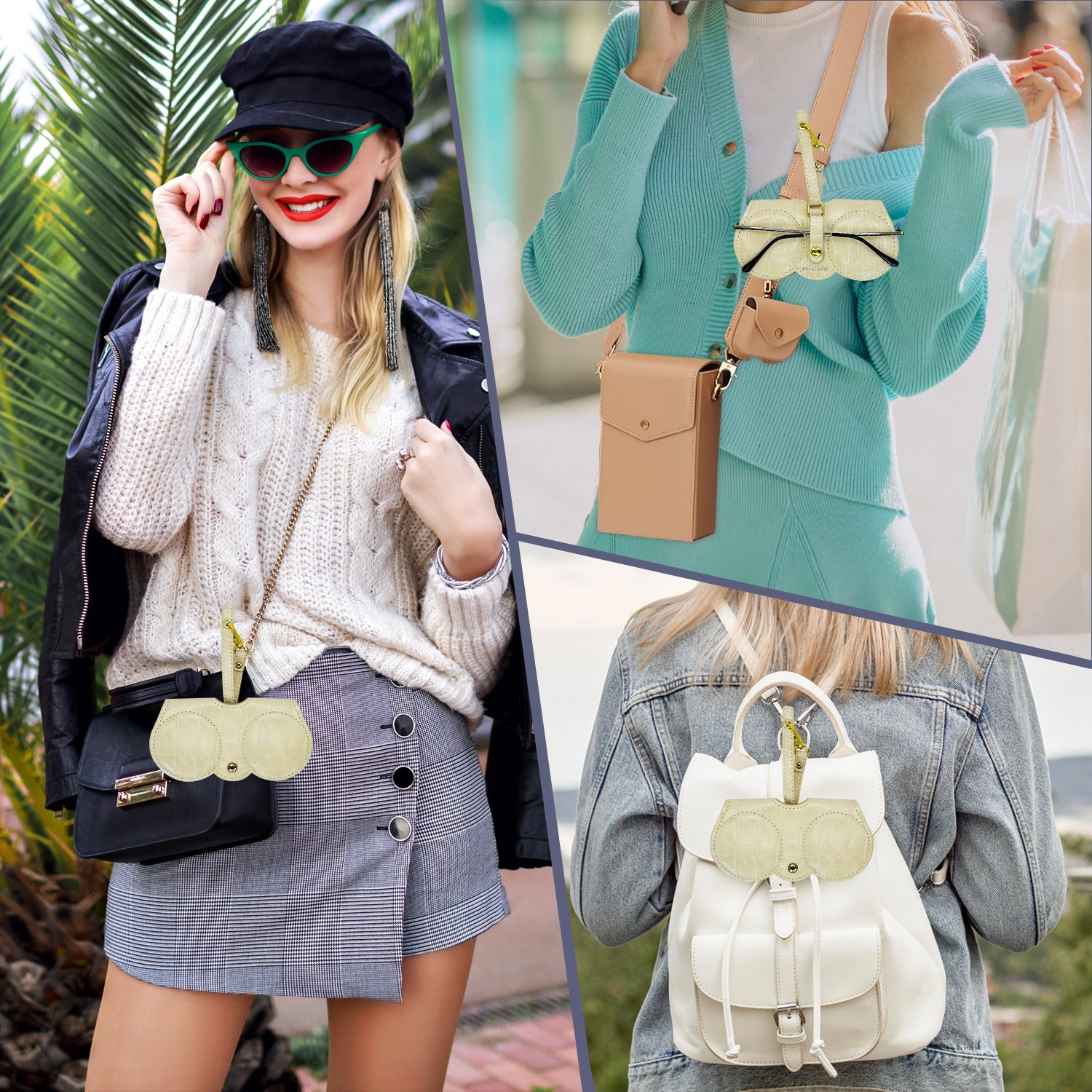 Viral clip-on glasses case on purse
