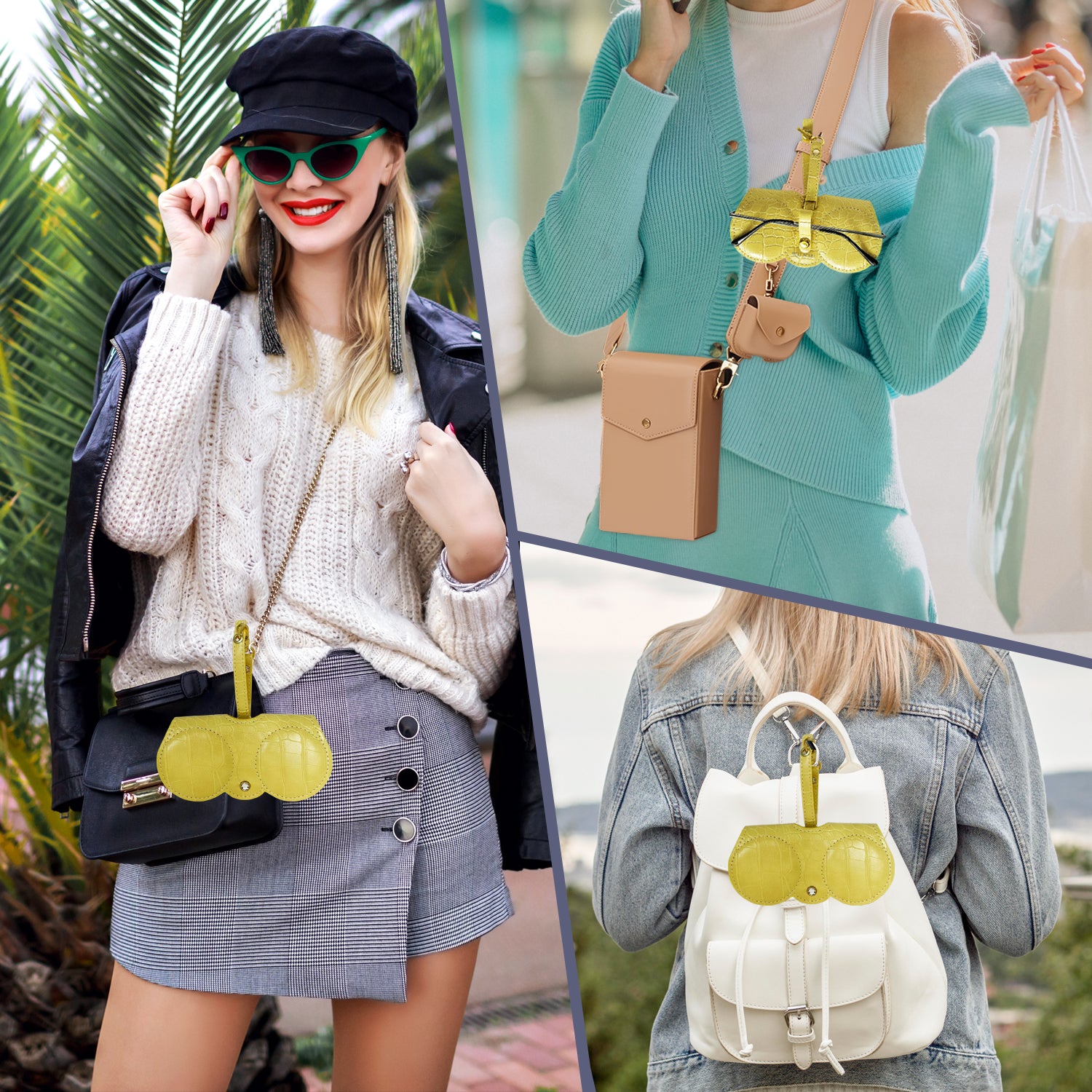 Viral clip-on glasses case on purse
