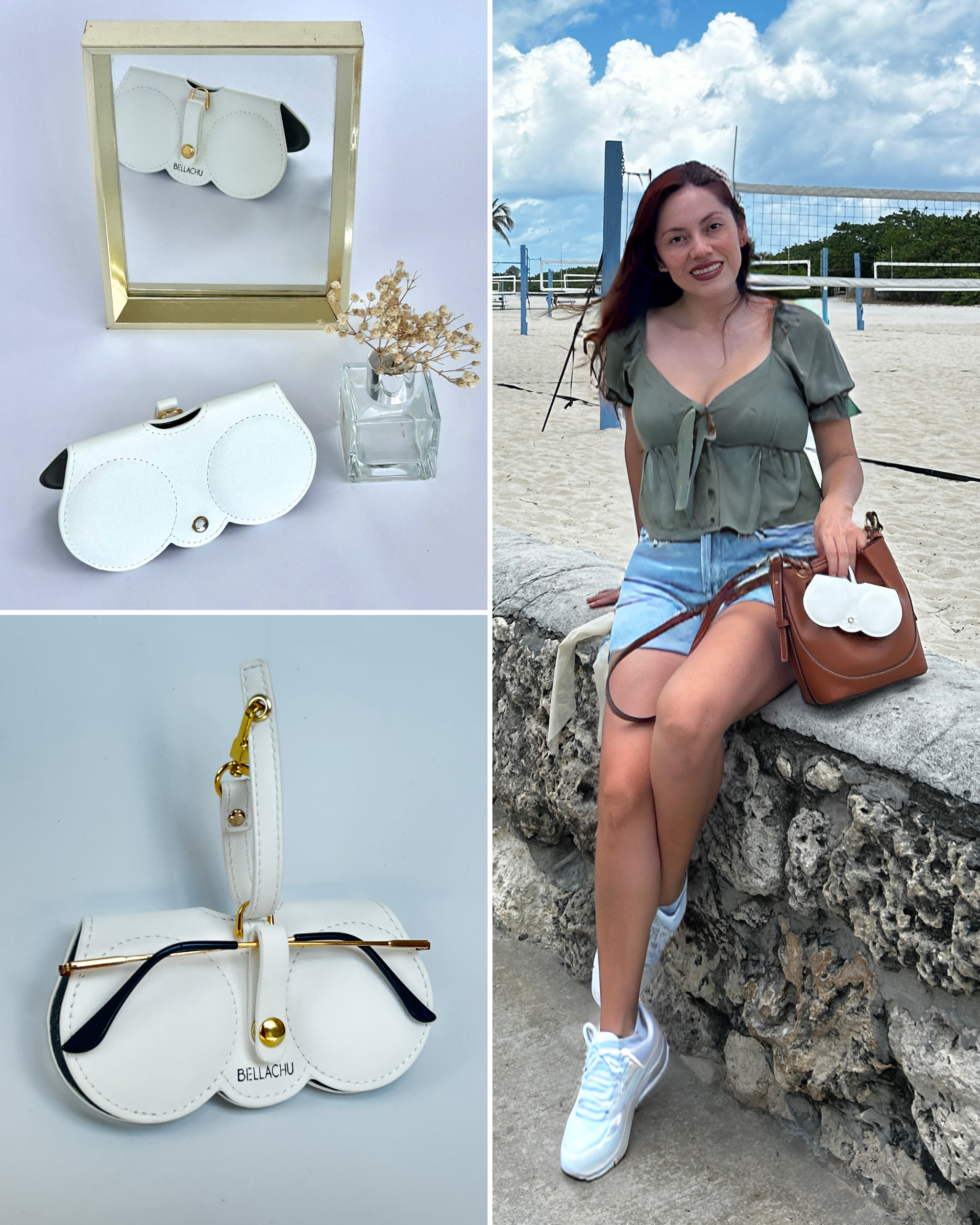 Viral clip-on glasses case on purse