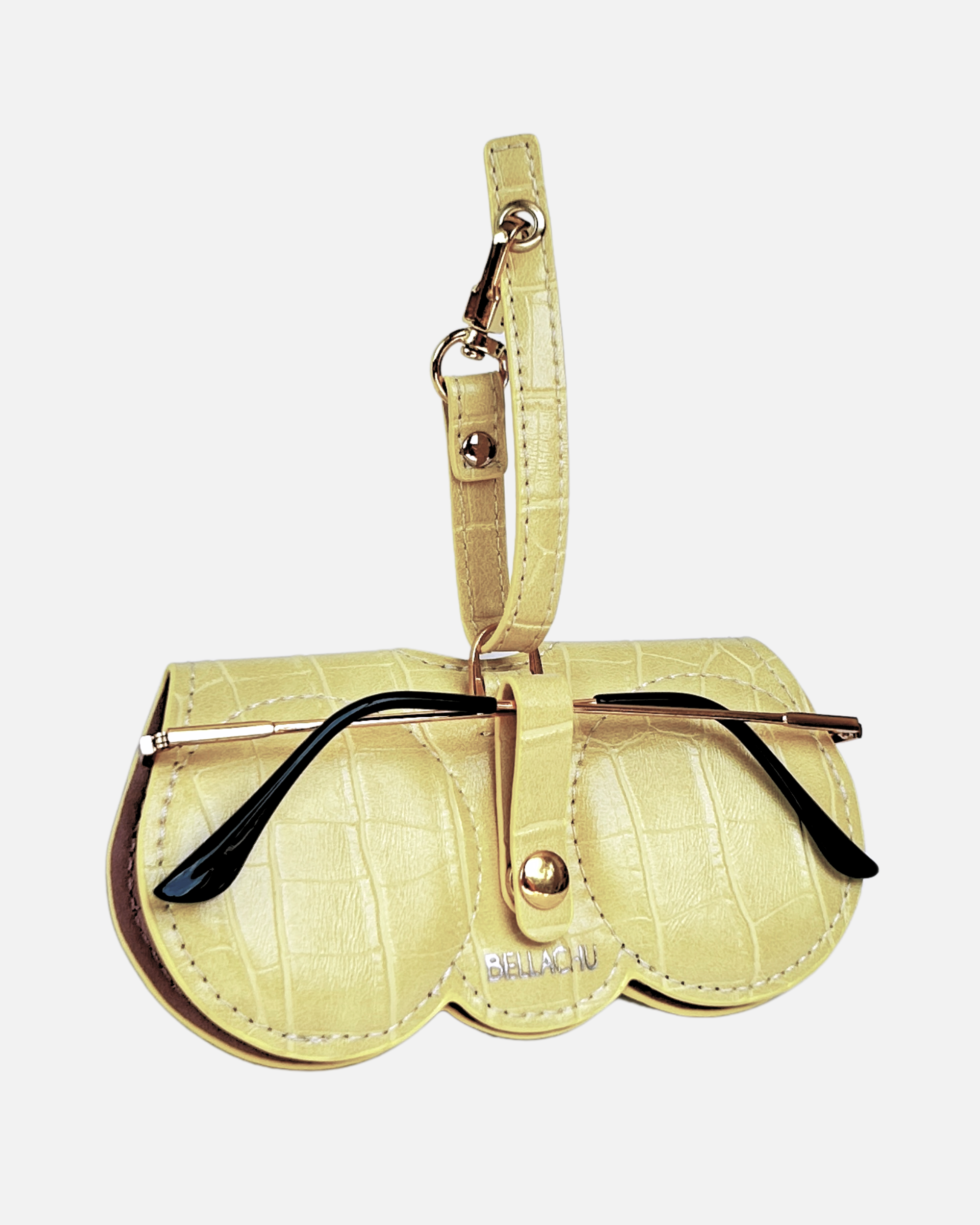Viral clip-on glasses case on purse