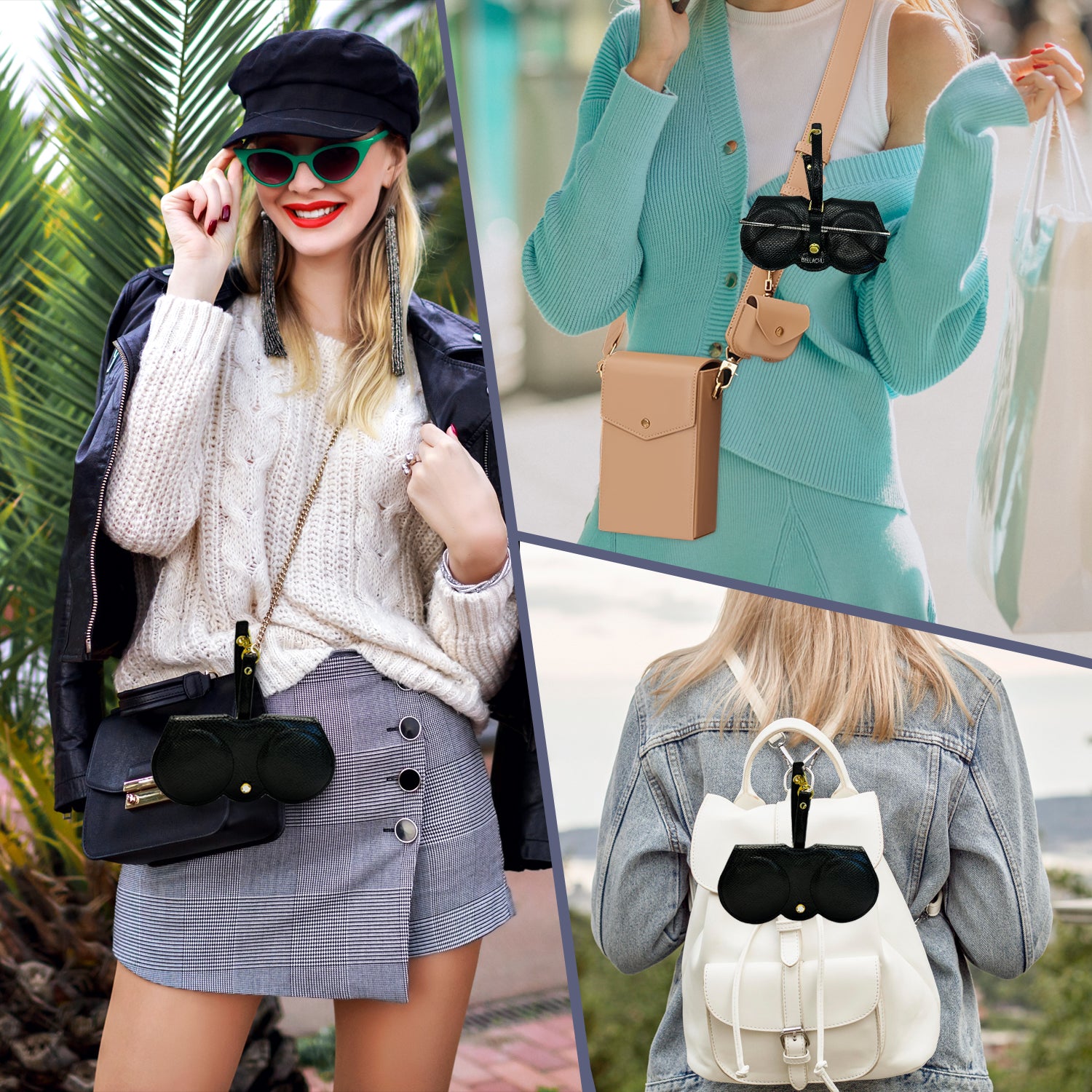 Viral clip-on glasses case on purse