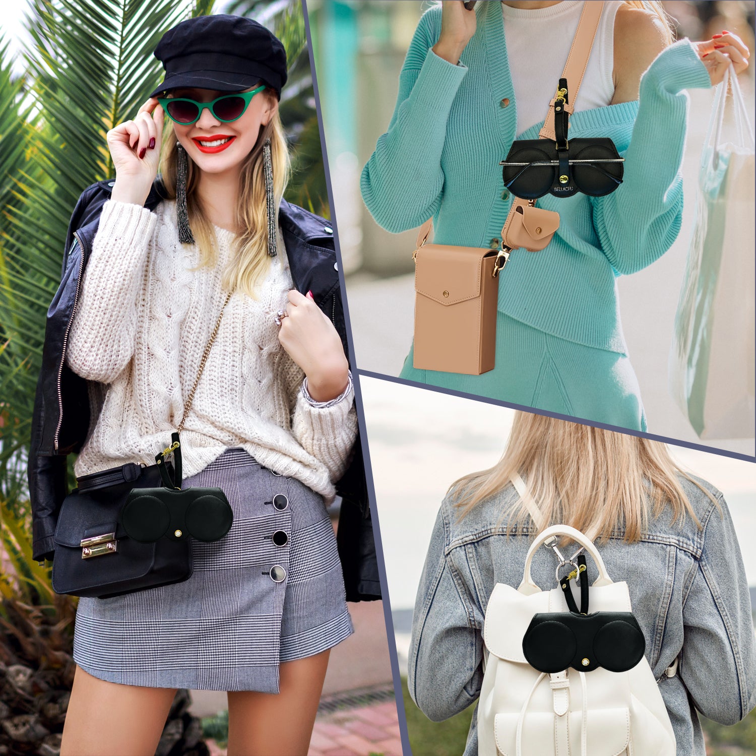 Viral clip-on glasses case on purse
