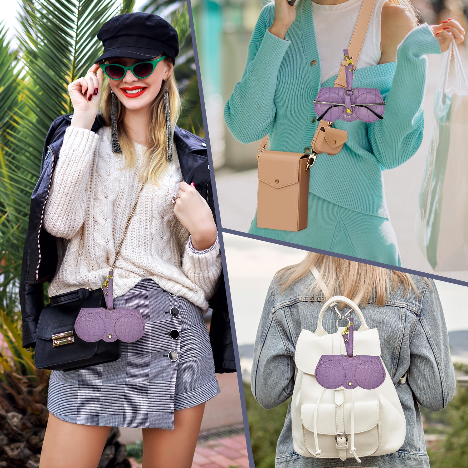 Viral clip-on glasses case on purse